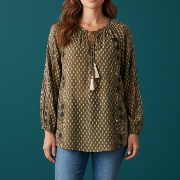 new directions Tops - New DIRECTIONS Olive Green Floral Paisley Peasant Long Sleeve Hippy Tunic